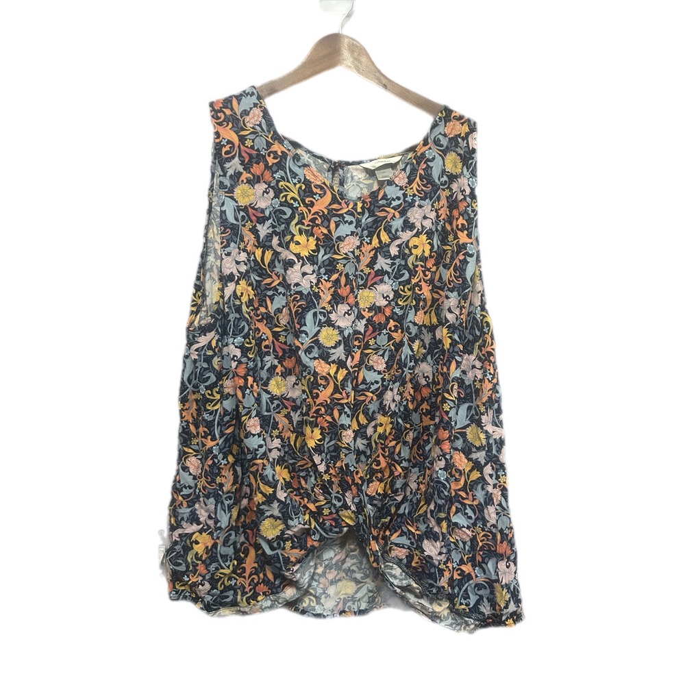 Christopher & Banks Floral Tank Top Womens XL Navy Blue Twist Front Blouse Exc